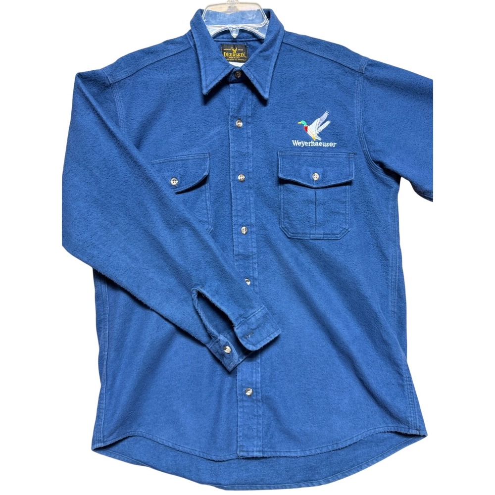 Vintage Deerskin Melton Shirt Co Blue Cotton Workwear Weyerhaeuser Duck Mens L